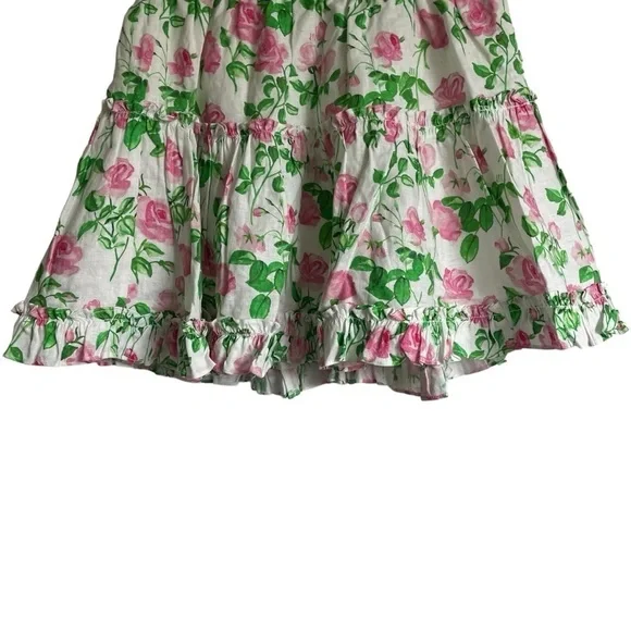 Hill House Paz Skirt Linen Lined Ruffles Pink Roses Romantic Cottagecore NWT